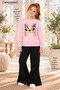 Winter, Spring, and Autumn Girls' Black Spanish Flared Bottoms and Pink Sweat Top