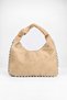 Women's Acacia Camel Suede Handbag with Rivet and Knot Detail, Medium Size, Zipper Closure.