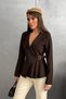 Women's Brown Blazer Collar Belt Buckle Pleated Blouse