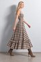 Bitter Brown White Plaid Square Neck A-Line Dress with Ruffle Detail at Hem - 3