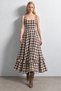 Bitter Brown White Plaid Square Neck A-Line Dress with Ruffle Detail at Hem - 5