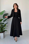 Women's Black Square Collar Long Dress and Flap Pocket Crop Jacket Textured Fabric Two-Piece Set