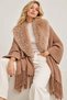 Women's Ecru Fur Collar Detailed Tasseled Loose Knitwear Shawl Poncho - 4