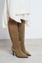 Doli Rome Beige Suede Leather Zipper Detail Pointed Toe Thin Heeled Women's Boots