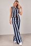 Women's Blue Vertical Striped Polo Collar Buttoned Vest Wide Leg Pants Knitwear Two-Piece Set (S/M)