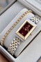 Women's Wristwatch Rectangular Case Gold and Silver Claret Red Dial Color Gift Box and Bracelet.Hm29303S01-4 - 2