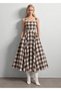 Bitter Brown White Plaid Patterned Pocket Detailed Square Collar Cotton A-Line Dress - 7