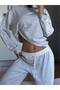 Women's Gray Waist-Tie Spanish/Bell-Leg Stripe Detailed Hooded Tracksuit Set