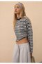 Navy Blue Striped Three Thread Embroidery Detail Sweathirt - 2