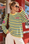 Women's Yellow Navy Blue Striped Oversize Crew Neck Long Sleeve T-Shirt - 7