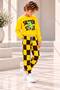 Boys' Dinosaur Printed Yellow Sweatshirt and Checkerboard Patterned Bottom Top Set - 3