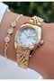 Small Case Gold Color-Steel Strap Women's Wristwatch -With Calendar- Bracelet Gift