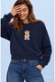 Cardi Navy Blue Printed Cotton Crew Neck Loose Fit Women's Sweatshirt