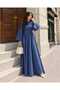Crew Neck Flounce Sleeve Buckle Belted Denim Dress - 5