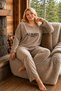 Velvet Fabric Mink Print Detailed Crew Neck Large Size Women's Pajama Set