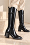 Women's Black Long Boots with Double Elastic Buckle at the Back and Thick Heels