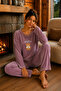 Velvet Lilac Bear Printed Crew Neck Women's Pajama Set