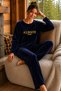 Velvet Fabric Navy Blue Print Detailed Crew Neck Women's Pajama Set