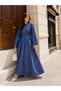 Crew Neck Flounce Sleeve Buckle Belted Denim Dress - 4