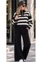 Black Thick Striped Gold Buttoned Turtleneck Bottom Solid Color Wide Leg Standard Size Knitwear Set (36-42)