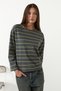 Basil Women's Oversize 100% Organic Cotton Knitted Long Sleeve Green-Striped T-Shirt
