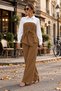 Women's Long Sleeve Shirt with Collar, Tricot Detail, Asymmetrical Cut, Belted Waist, Imported Crepe Blouse and Slit Wide-Leg Pants, Two-Piece Set, Stylish Office and Event Outfit. - 4