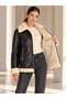 Women's Black Faux Leather Coat with Fur Inside and Plush Collar Biker Jacket - 2