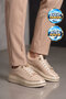 Women's Beige Leather Lace-Up Sneaker Women's Stylish Comfortable Casual Walking Shoes 431173 - 2