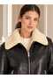 Women's Black Faux Leather Coat with Fur Inside and Plush Collar Biker Jacket - 5