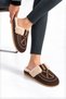 Women's Bitter Brown Suede Lacing Detailed Furry Comfortable and Useful House Slippers - 3