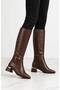 Women's Brown Gold Heel and Buckle Detailed Side Zipper Short Heeled Below the Knee Long Boots - 3