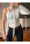 Asymmetric Collar Ribbon Tie Detail Long Sleeve Crop Blouse - 7