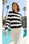 Women's Black and White Striped Gold Buttoned Knitwear Cardigan Crew Neck Knitwear Blouse - 5