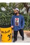 Samurai Printed Large Size Indigo Navy Blue Crew Neck Oversized Long Sleeve 100% Cotton - 2
