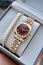 Women's Wristwatch Gold Steel Cord Stone Detailed Calendar Claret Red Dial 27mm + Special Box and Bracelet Gift.Hm28635S01-3 - 3