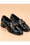 Women's Black Patent Leather Gold Buckle Short Heeled Loafer Shoes - 3