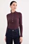 Ribbed Half Snap Collar Slim Fit Blouse