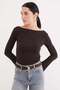 Ribbed Boat Neck Flare Sleeve Slim Fit Blouse - 3