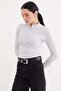 Ribbed Half Snap Collar Slim Fit Blouse - 2