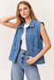 Women's Polo Collar Pocket Cotton Ice Blue Denim Vest - 2