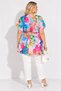 Women's Double Breasted V-Neck Short Sleeve Stone Detailed Lined Chiffon Summer Curve Plus Size Floral Tunic Blouse - 5