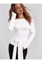 White Belted Detail Madonna Collar Long Sleeve Stylish Blouse - 4