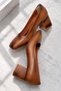 Women's Tan Genuine Leather Blunt Toe Thick Heeled Premium Classic Heeled Shoes - 8
