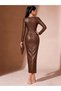 Women's long sleeve boat neck long slim fit leather dress - 2