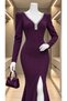 Women's v-neck crystal embellished padded/smocked shoulder slit mermaid evening dress