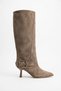 Ramser Side Buckle, Toe Stitched, Long Women's Heeled Boots, Beige Suede - 7