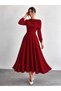 Women's Long Sleeve Shoulder Pleated Detailed Midi Janjan Crepe Dress - 2