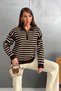 Women's Brown Polo Collar Half Zipper Striped Oversize Knitwear Sweater Rb0720 - 4