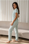 Women's Aqua Green Loose Fit Long Sleeve Cotton Pajama Set - 5