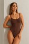 Women's Brown Thin Strap Seamless Gathering Corset Body Seamless U-Neck with Snap Fasteners - 3